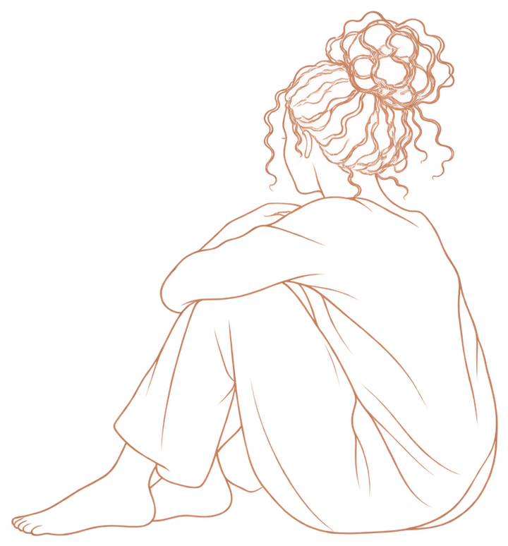 Line drawing in terracotta of a woman seated and hugging her knees, seen from behind